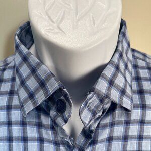 johnnie-O Men's blue and white checkered long sleeve golf shirt Large L EUC